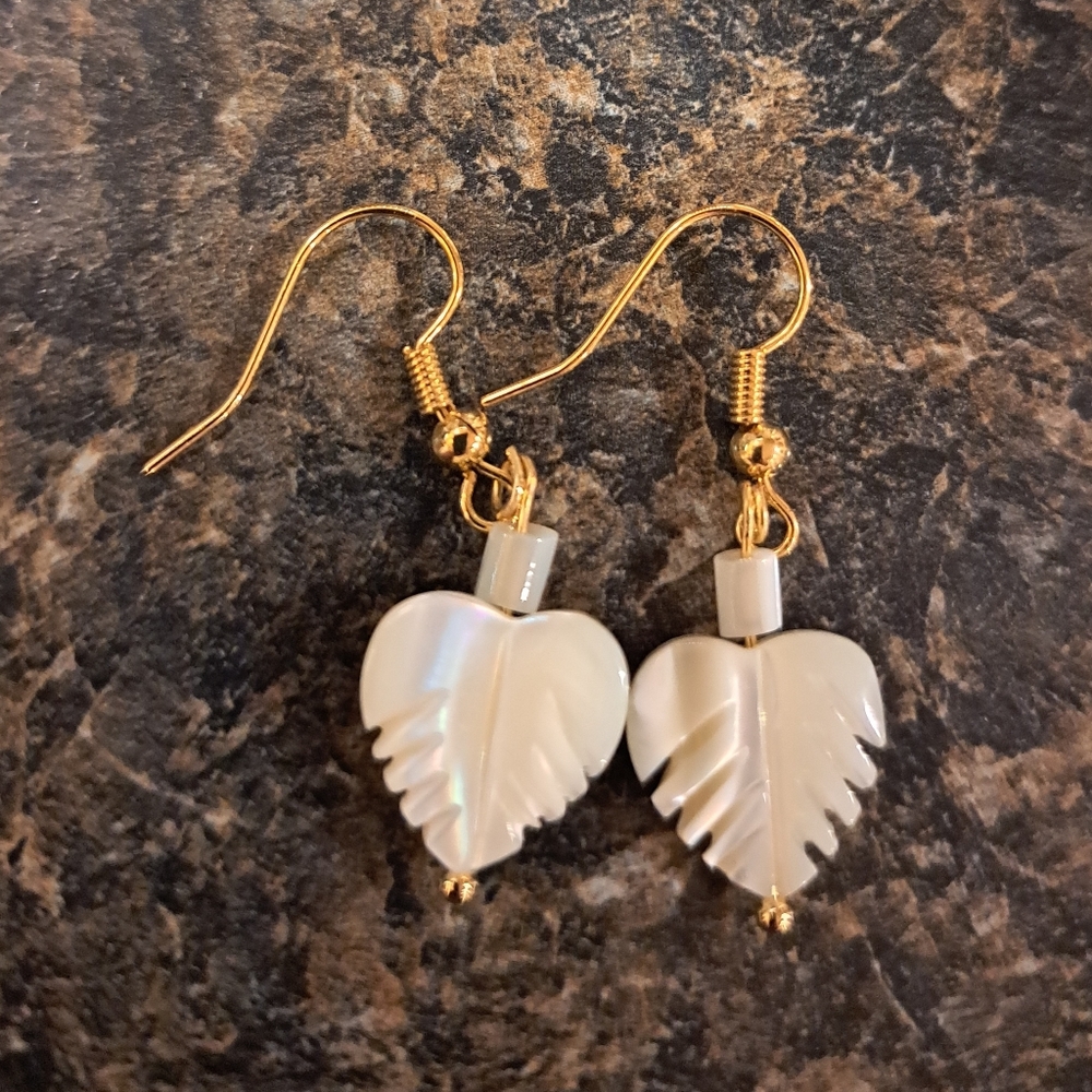 Dainty Handmade Mother of Pearl Leaf Earrings 14K Plated Ear Wires